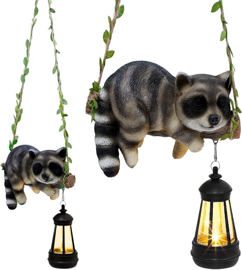 ZaaYee Solar Lighted Garden Outdoor Statue, 20.1" H Hanging Swing Lying with A Sleeping Raccoon and A LED Lantern, Resin Animal Figurine Hanging Ornaments with Hook for Decoration & Gift - Image 1